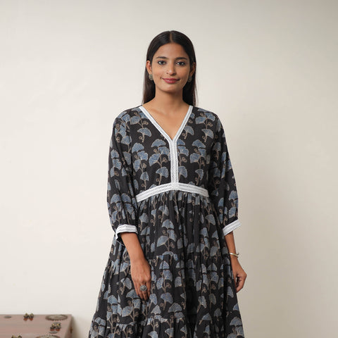 Black - Hand Block Print Cotton Tiered Ajrakh Dress 17