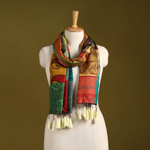 Multicolor - pure silk patchwork stole with tassels 07