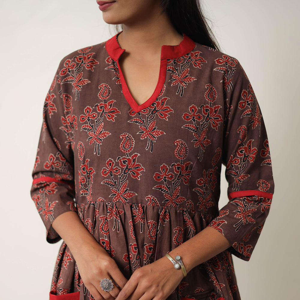 Hand Block Print Cotton Flared Gher Ajrakh Dress 08