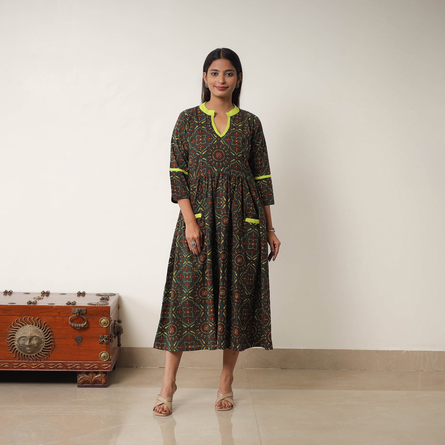 Hand Block Print Cotton Flared Gher Ajrakh Dress 09