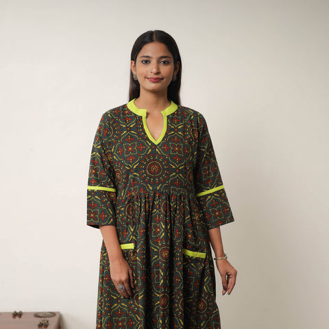 Green - Hand Block Print Cotton Flared Gher Ajrakh Dress 09