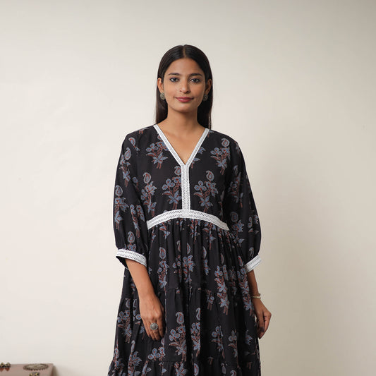 Hand Block Print Cotton Tiered Ajrakh Dress 18