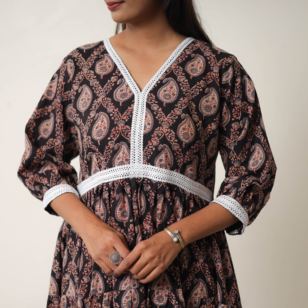 Hand Block Print Cotton Tiered Ajrakh Dress 19