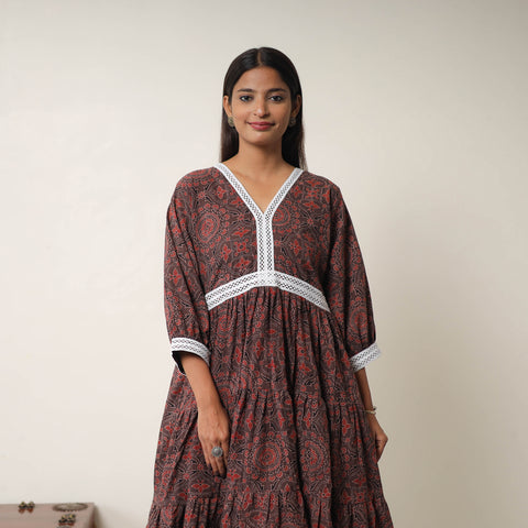 Brown - Hand Block Print Cotton Tiered Ajrakh Dress 20