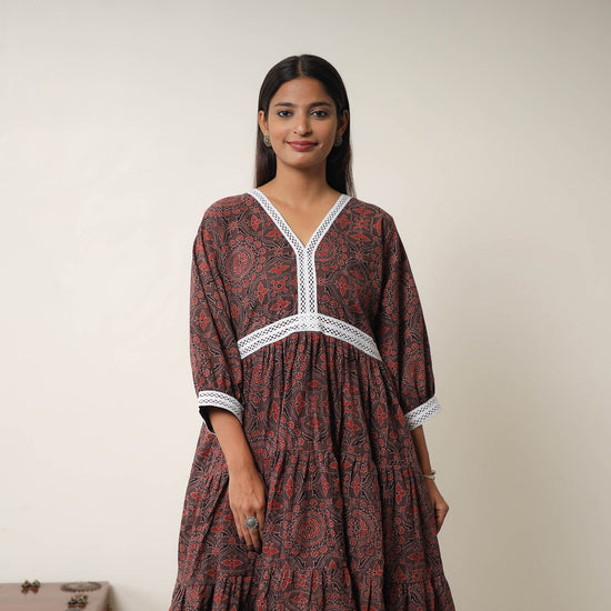 Hand Block Print Cotton Tiered Ajrakh Dress 20