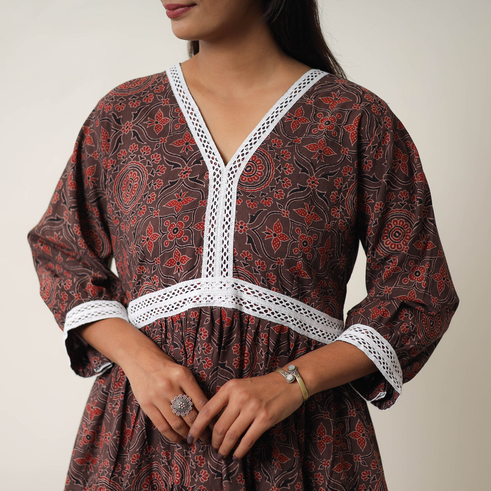 Hand Block Print Cotton Tiered Ajrakh Dress 20