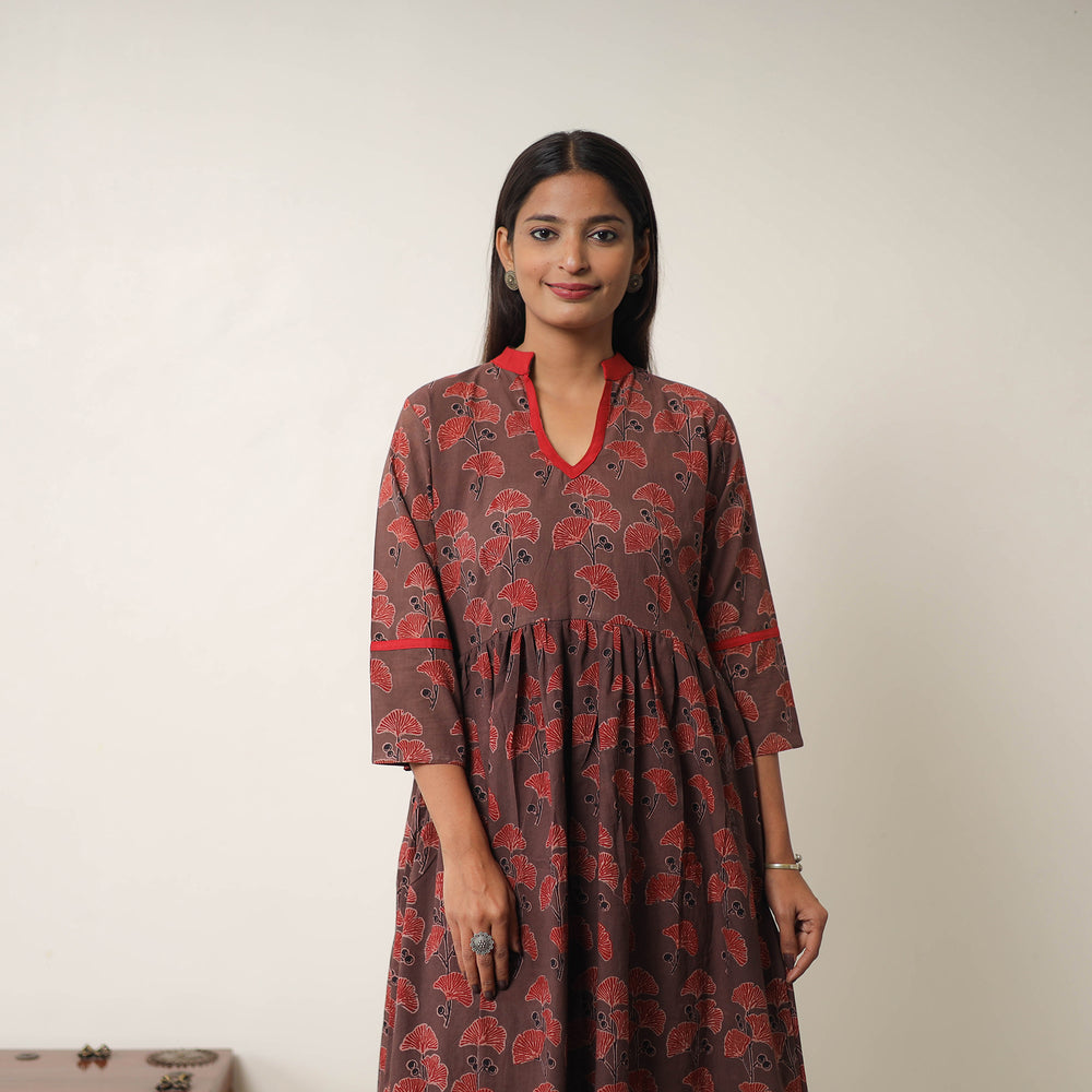 Hand Block Print Cotton Flared Gher Ajrakh Dress 10