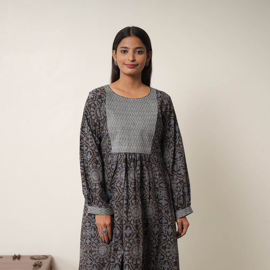 Hand Block Print Cotton Flared Gher Ajrakh Dress 12