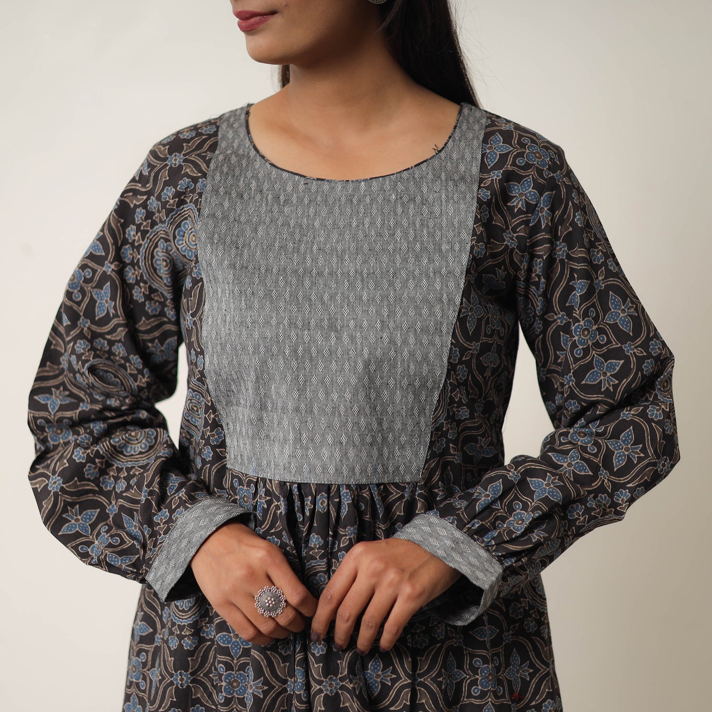 Hand Block Print Cotton Flared Gher Ajrakh Dress 12