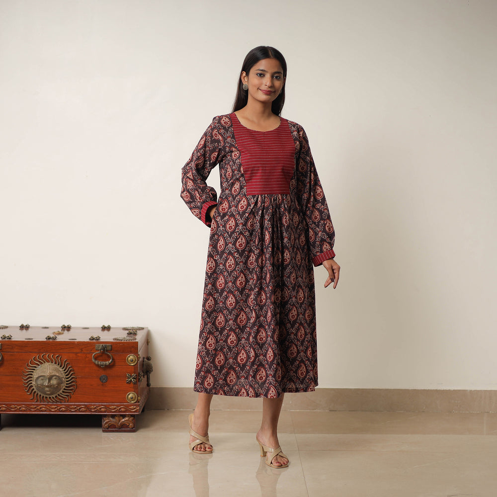 Hand Block Print Cotton Flared Gher Ajrakh Dress 14