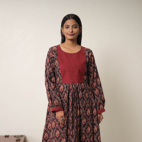 Brown - Hand Block Print Cotton Flared Gher Ajrakh Dress 14