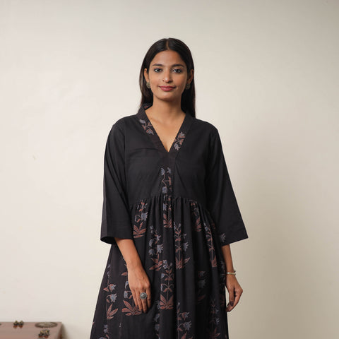 Black - Hand Block Print Cotton Flared Gher Ajrakh Dress 03