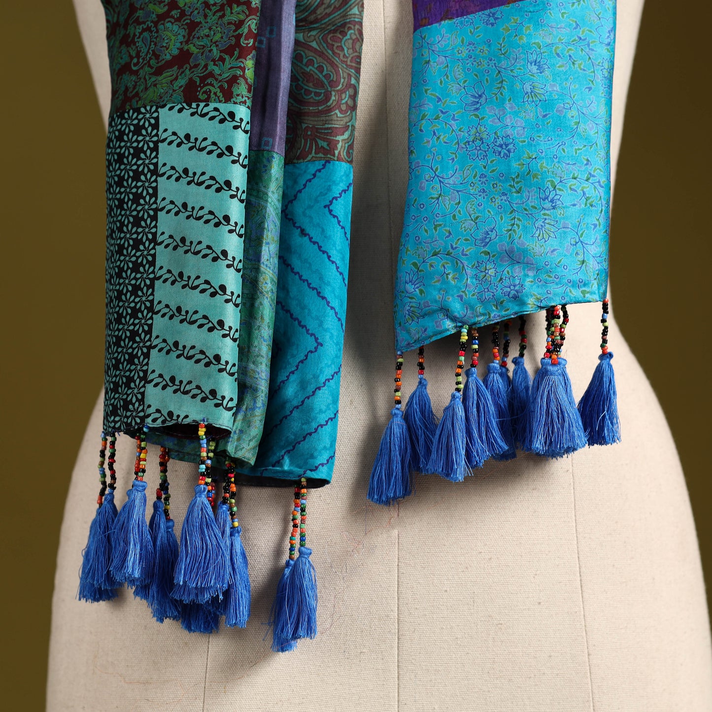 Multicolor - pure silk patchwork stole with tassels 32