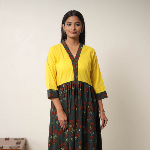 Green - Hand Block Print Cotton Flared Gher Ajrakh Dress 02