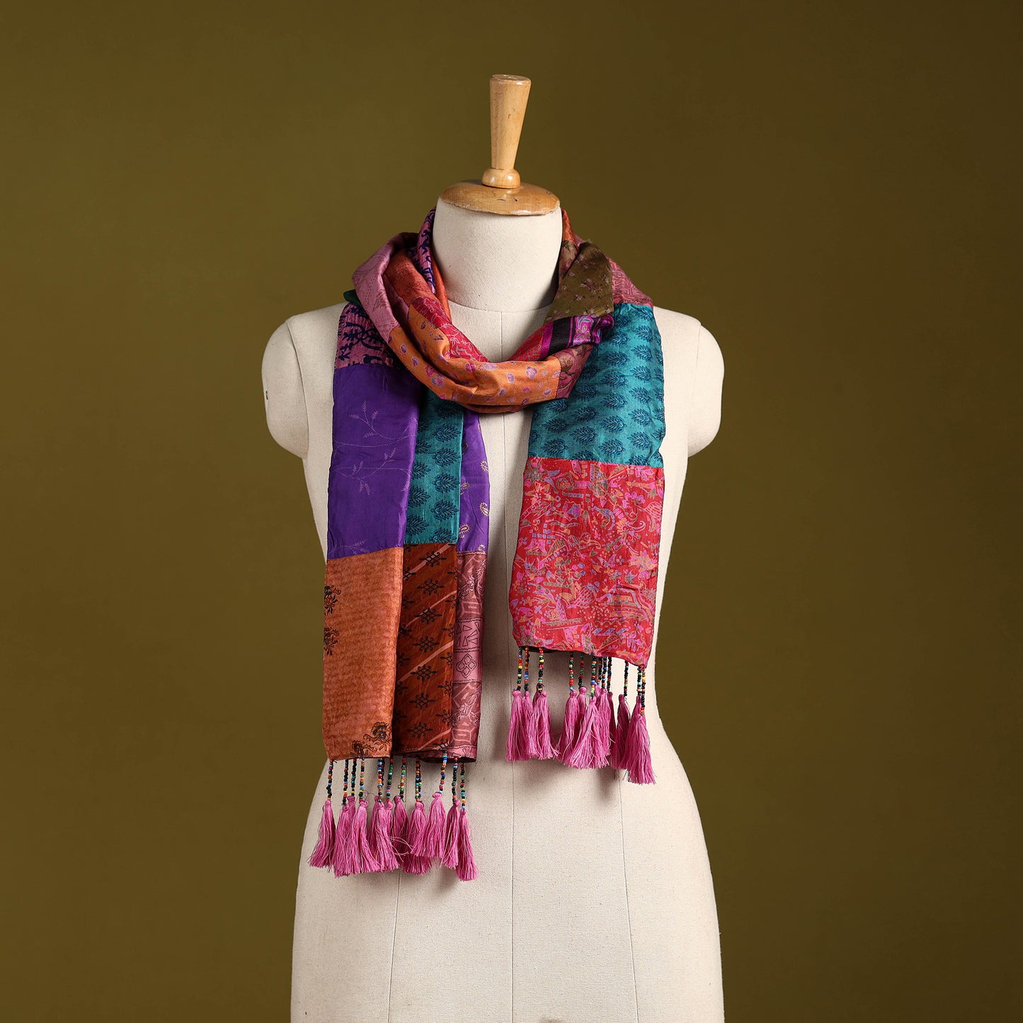 Multicolor - pure silk patchwork stole with tassels 36