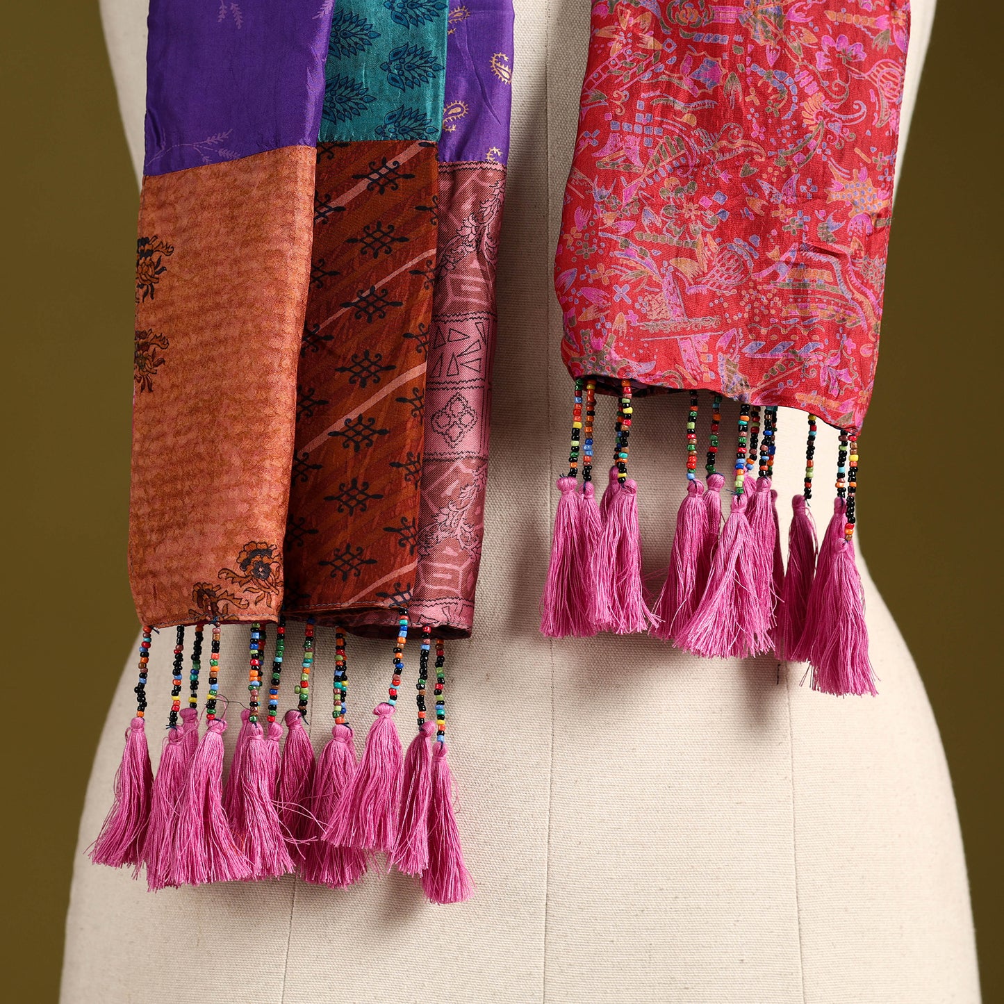 Multicolor - pure silk patchwork stole with tassels 36