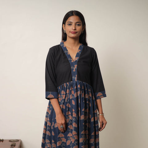 Blue - Hand Block Print Cotton Flared Gher Ajrakh Dress 01