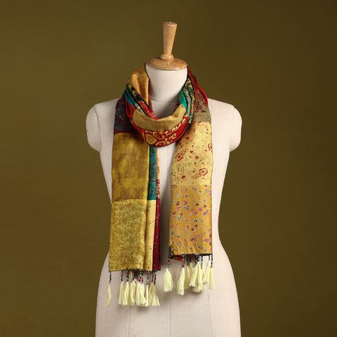 Multicolor - pure silk patchwork stole with tassels 39