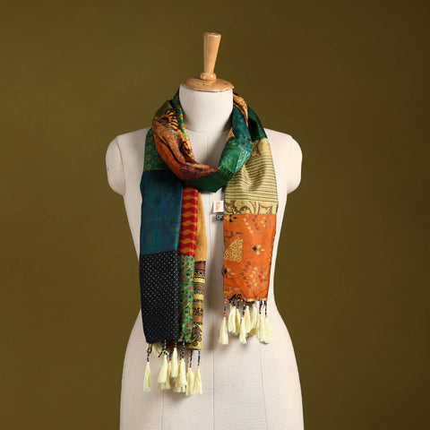 Multicolor - pure silk patchwork stole with tassels 42