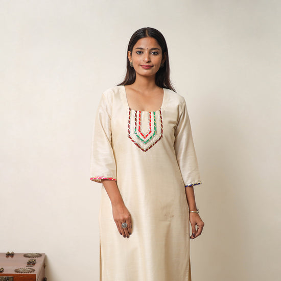 Beige - Najia Cream Gota Work Slub Silk Plain Kurta