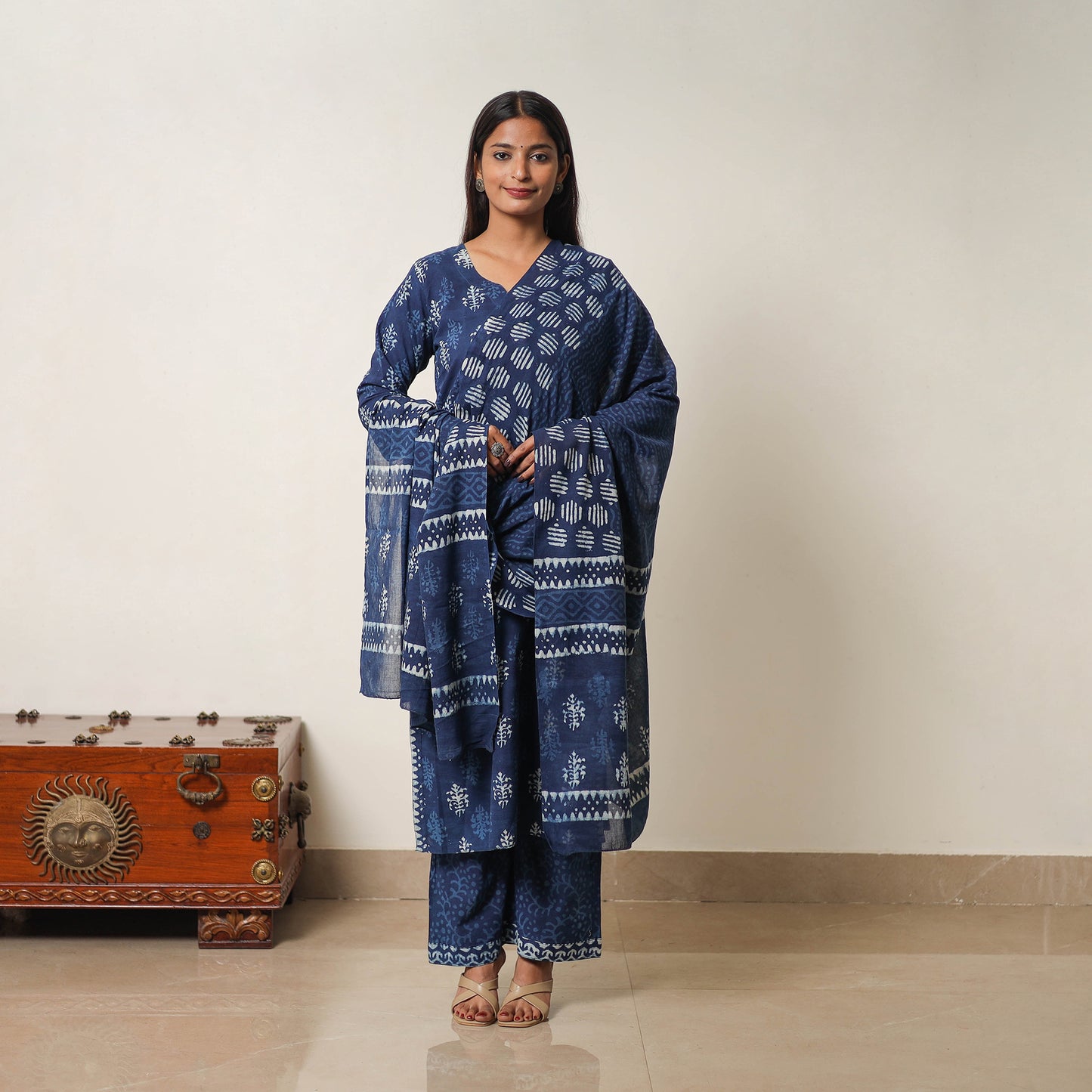 Hand Block Print Indigo Bagru Cotton Suit Set 06