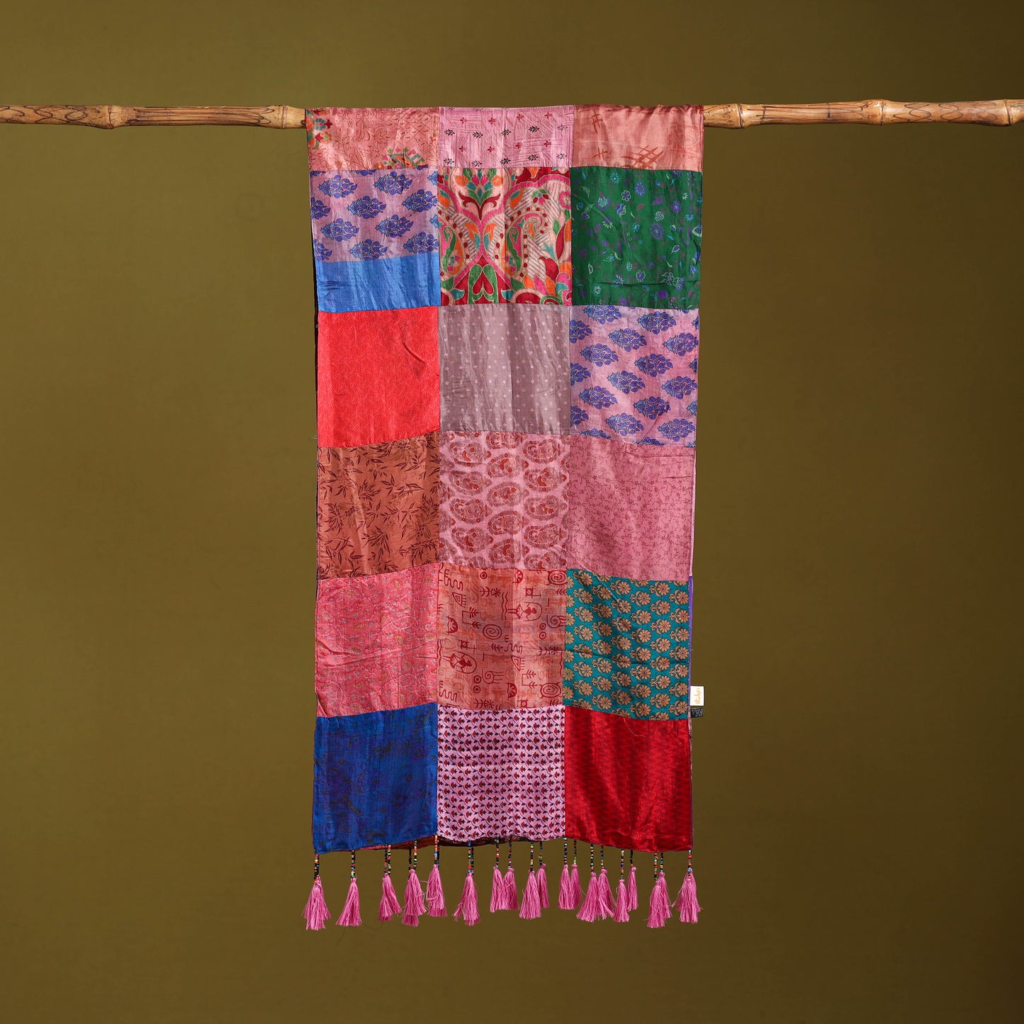 Multicolor - pure silk patchwork stole with tassels 36