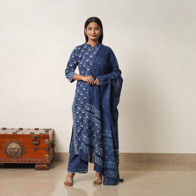 Hand Block Print Indigo Bagru Cotton Suit Set 07