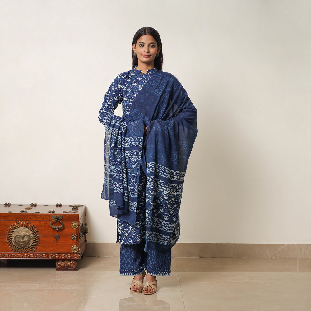 Hand Block Print Indigo Bagru Cotton Suit Set 07