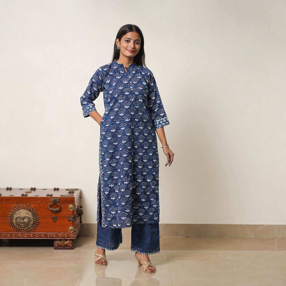 Hand Block Print Indigo Bagru Cotton Suit Set 07