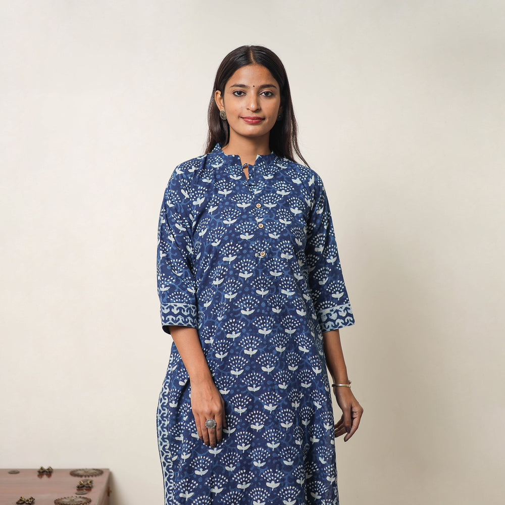 Hand Block Print Indigo Bagru Cotton Suit Set 07