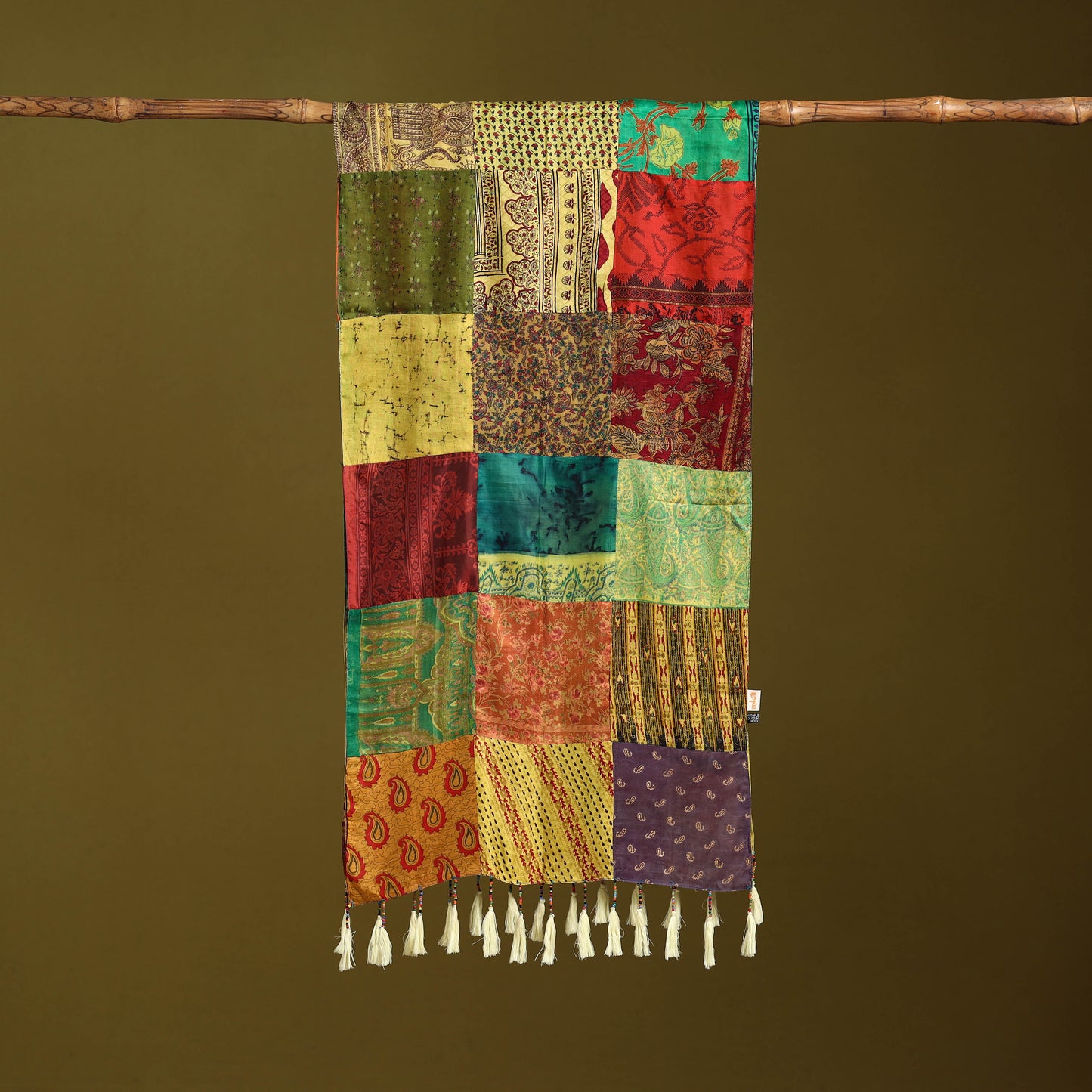 Multicolor - pure silk patchwork stole with tassels 28