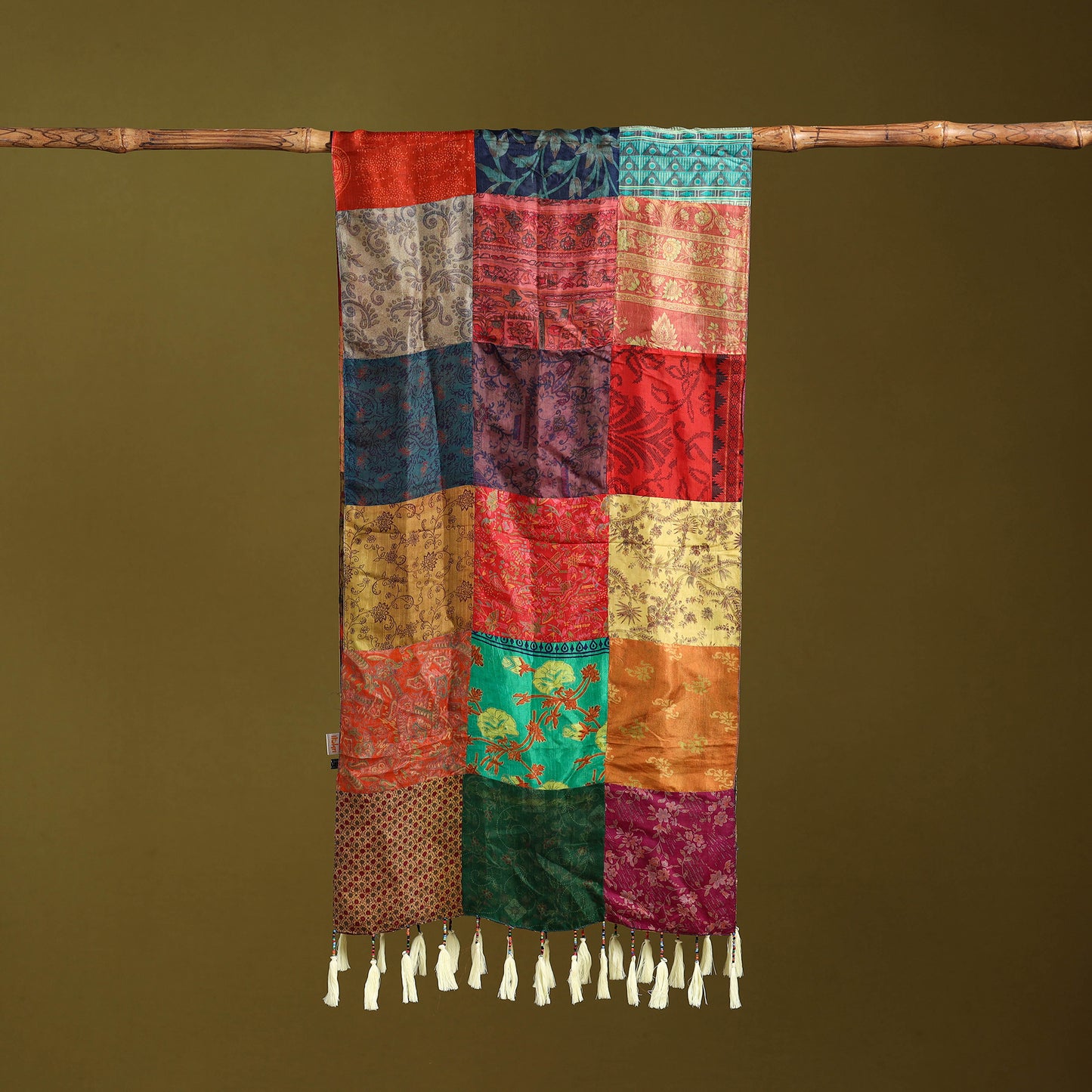 Multicolor - pure silk patchwork stole with tassels 50