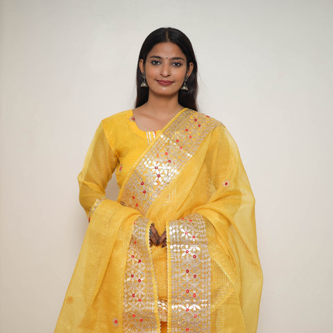 Yellow - Elegant Gota Work Silk Kota Doria Kurta Set 07