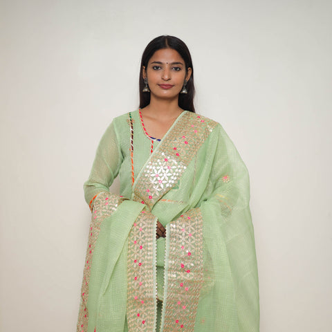 Green - Elegant Gota Work Silk Kota Doria Kurta Set 04