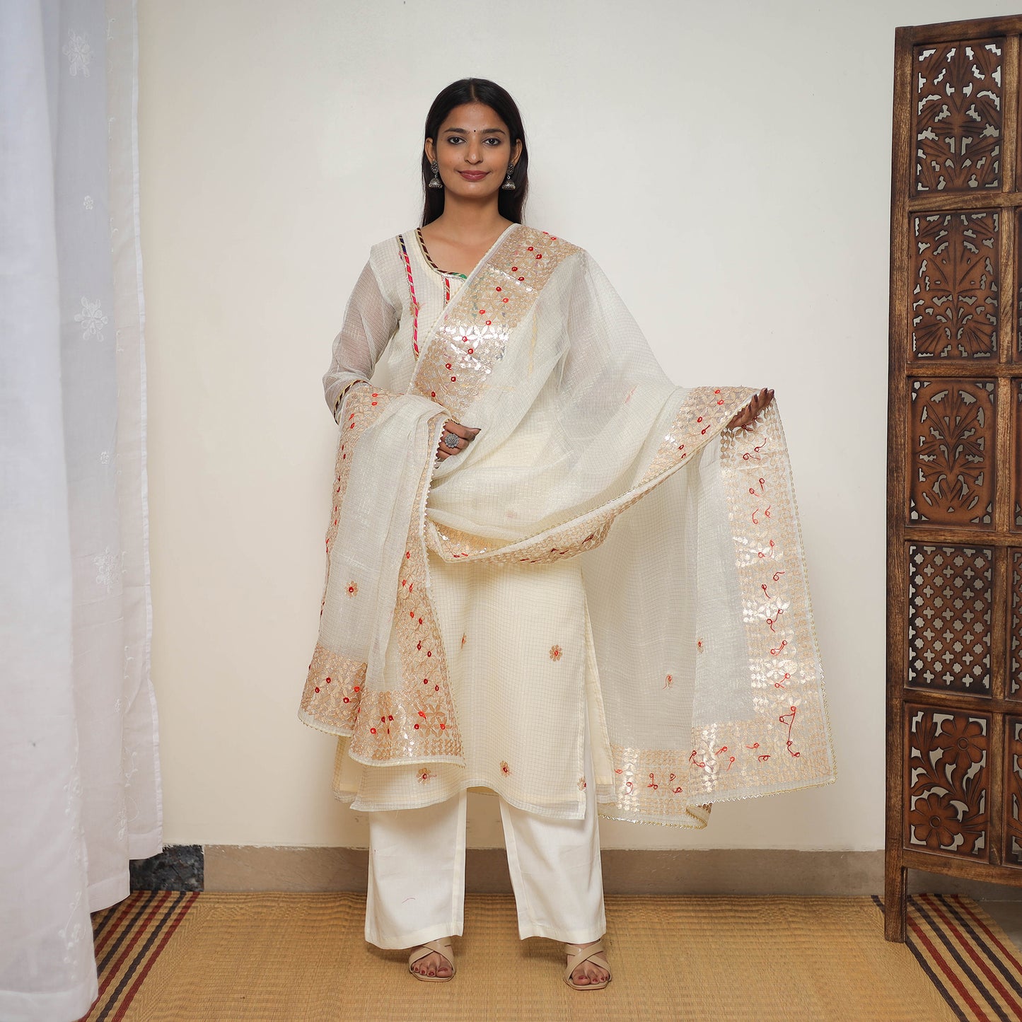 Elegant Gota Work Silk Kota Doria Kurta Set 05