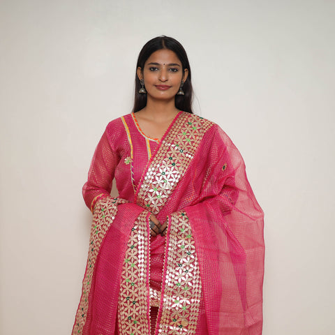 Pink - Elegant Gota Work Silk Kota Doria Kurta Set 03