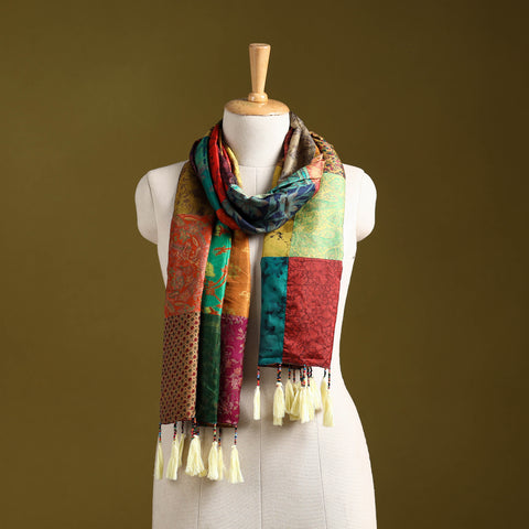 Multicolor - pure silk patchwork stole with tassels 50