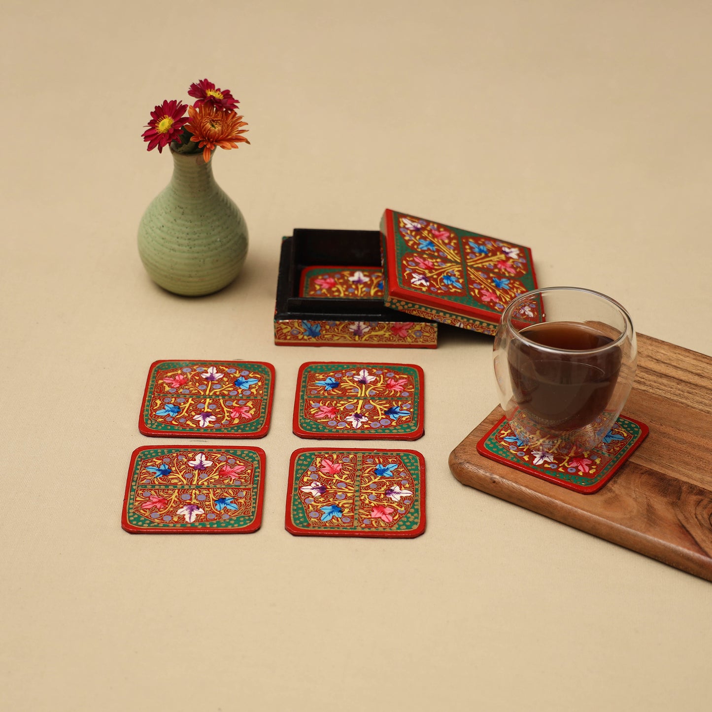 Handpainted Paper Mache Coaster with Box (Set of 6) 43