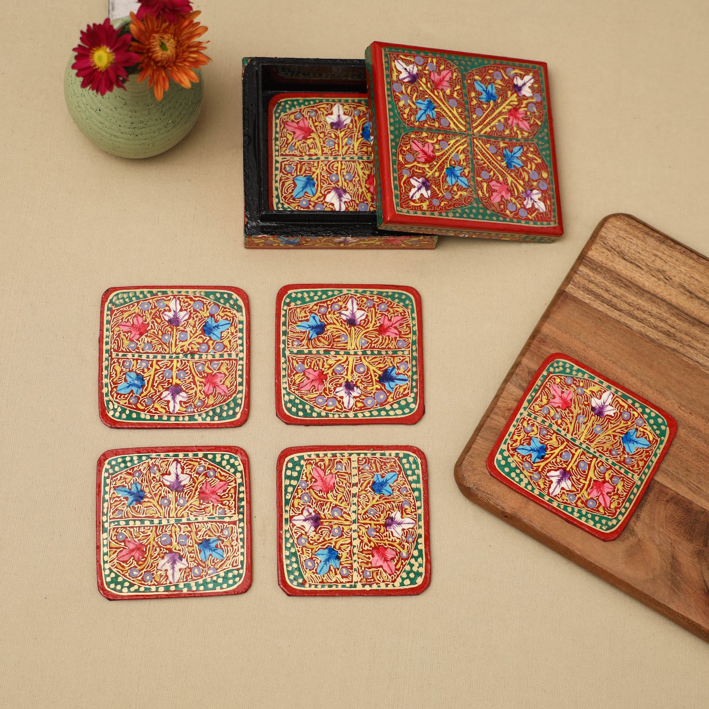Handpainted Paper Mache Coaster with Box (Set of 6) 43