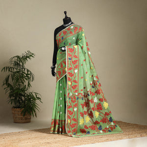 Green - silk cotton dhakai jamdani saree 10 - handcrafted