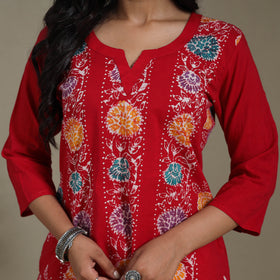 Red Cotton Indonesian Hand Batik Print Kurta Set (Set of 3)