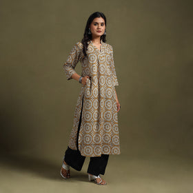 Yellow Block Print Natural Dyed Cotton Straight Bagru Kurta