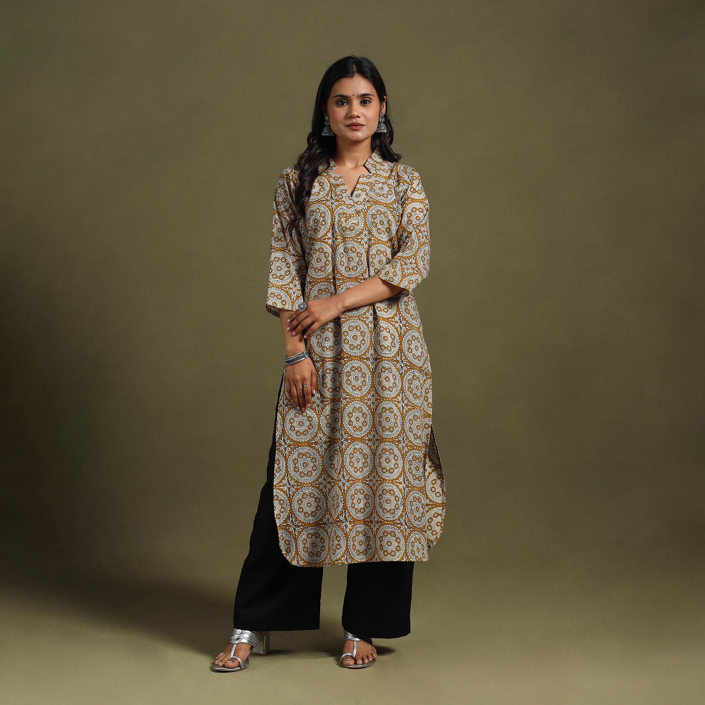 Yellow Block Print Natural Dyed Cotton Straight Bagru Kurta