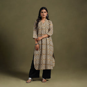 Yellow Block Print Natural Dyed Cotton Straight Bagru Kurta