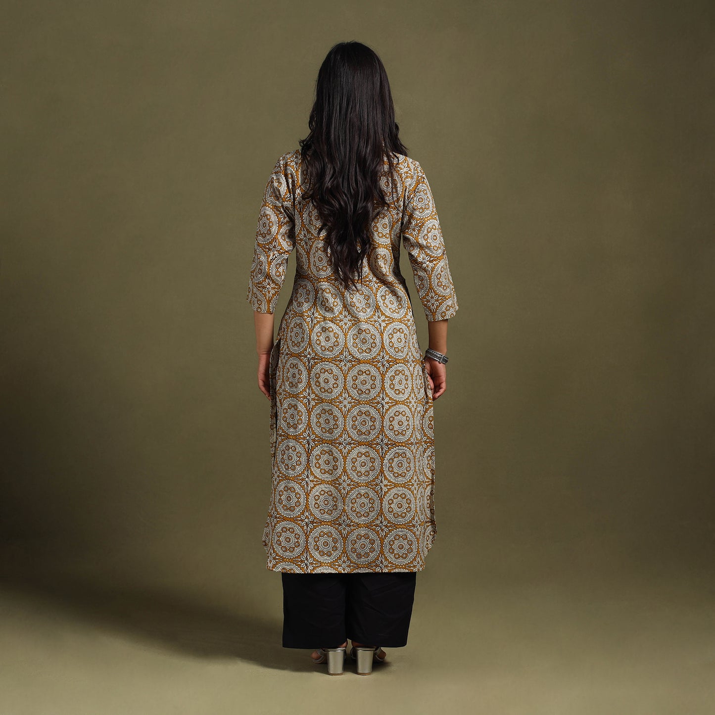 Yellow Block Print Natural Dyed Cotton Straight Bagru Kurta