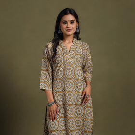 Yellow Block Print Natural Dyed Cotton Straight Bagru Kurta