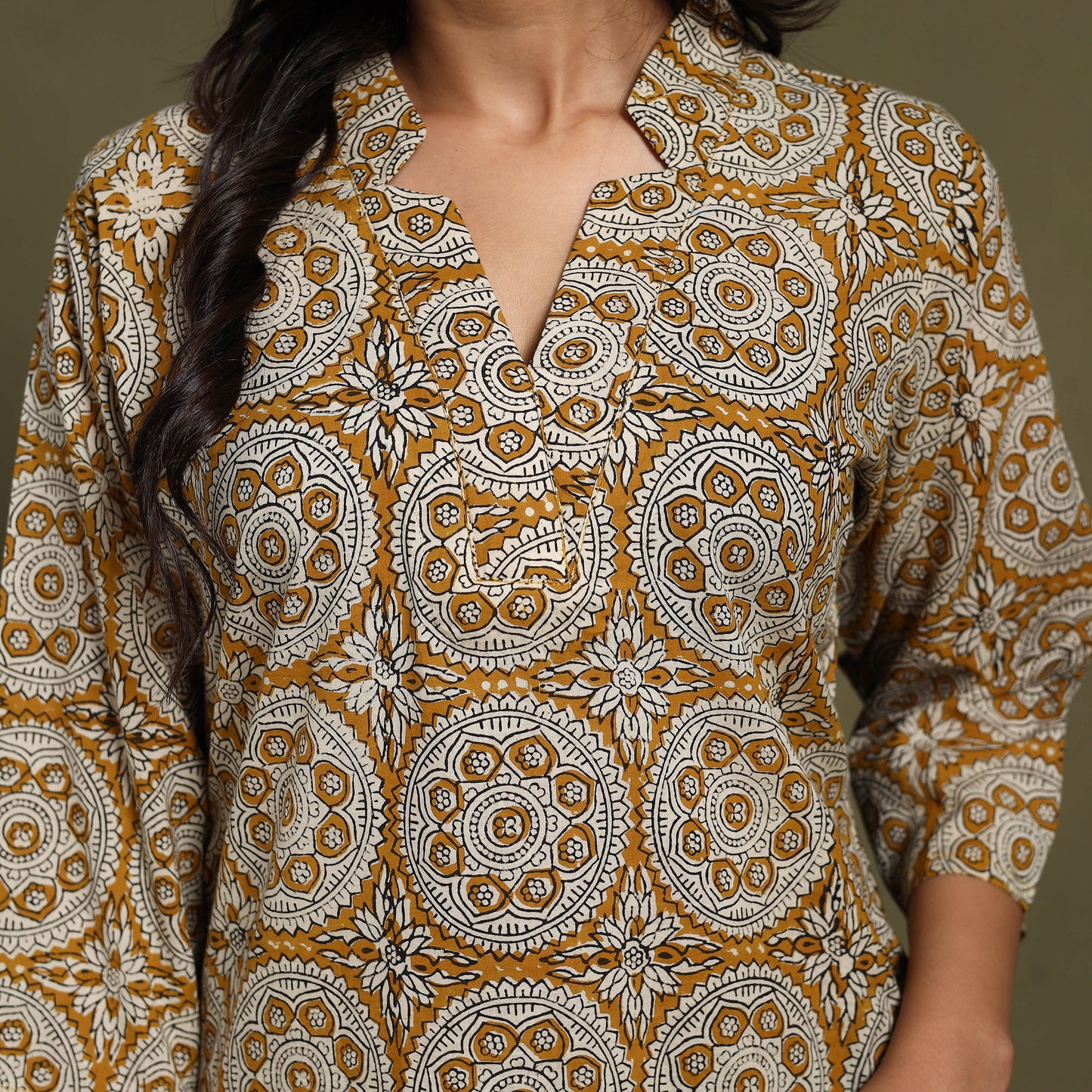 Yellow Block Print Natural Dyed Cotton Straight Bagru Kurta