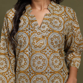 Yellow Block Print Natural Dyed Cotton Straight Bagru Kurta