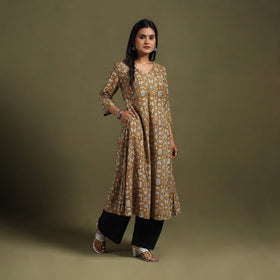 Yellow Block Print Natural Dyed Cotton A-Line Bagru Kurta