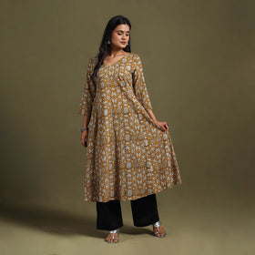 Yellow Block Print Natural Dyed Cotton A-Line Bagru Kurta